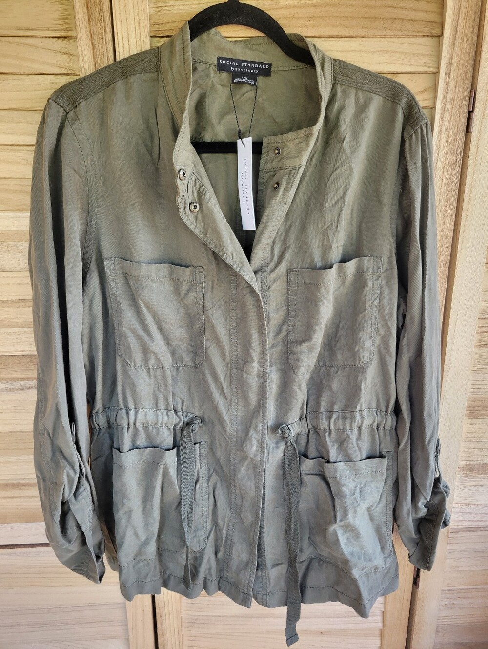 Sanctuary Large Army Green Utility Military Cargo Safari Jacket Snap Zip Up